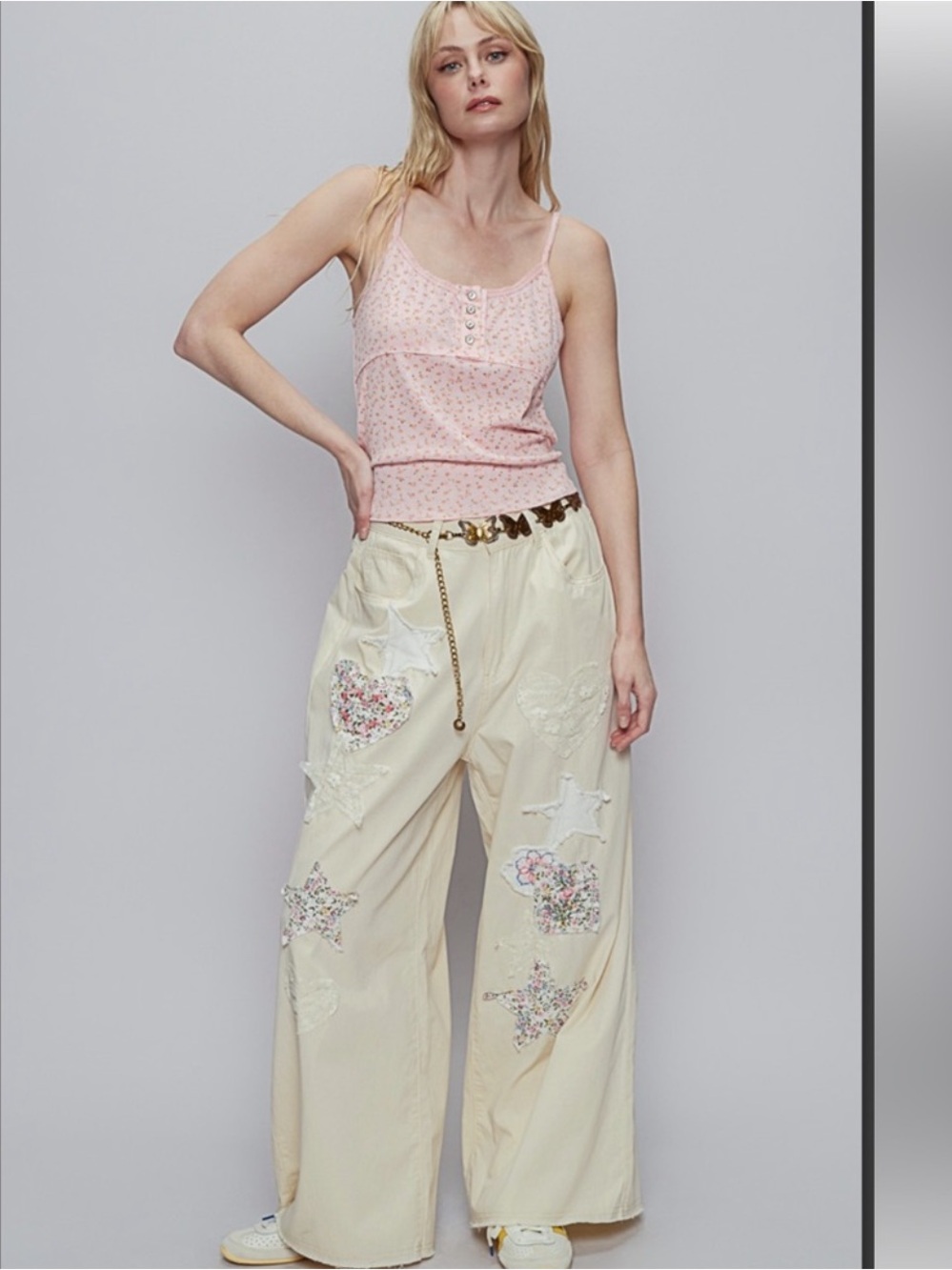 New: POL “Heart + Stars” Distressed Mixed Embroidery Patchwork Wide Leg Pants• M - Picture 2 of 5